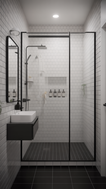 Small bathroom black and white design with frameless glass shower door maximizing space and light