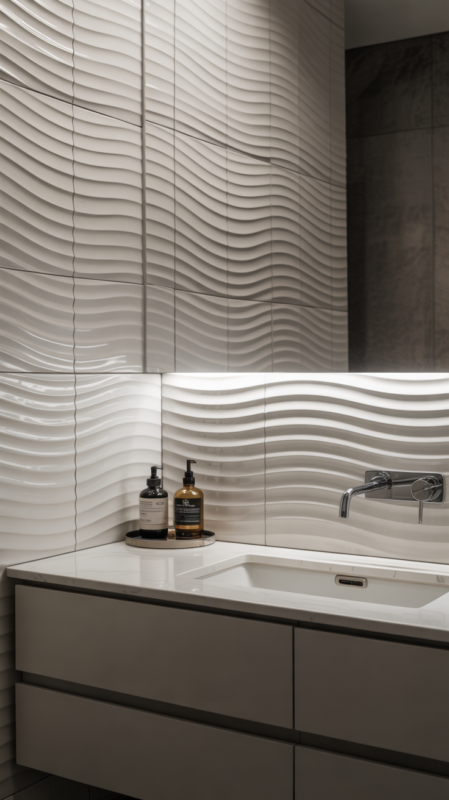 Three-dimensional textured tile bathroom backsplash creating sculptural focal point with wave pattern