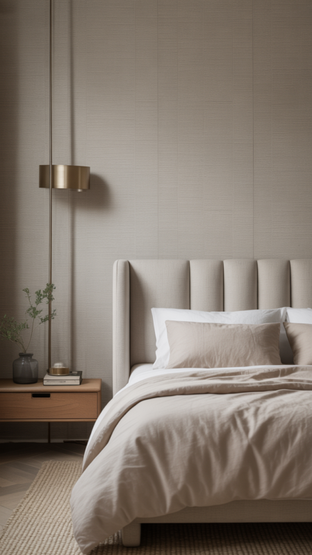 Textured wallpaper creating subtle sophisticated backdrop in neutral bedroom with tactile dimensional surface