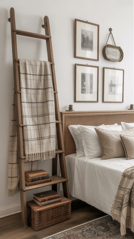 Vintage farmhouse bedroom showcasing collected antique treasures and repurposed items creating authentic character
