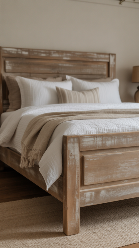Vintage farmhouse bedroom featuring distressed wood bed frame creating authentic rustic focal point