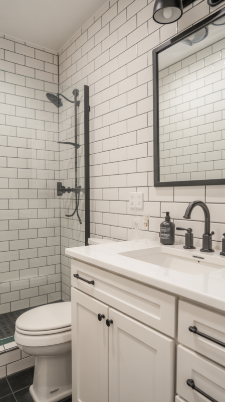 White bathroom ideas featuring strategic black hardware and accents creating modern farmhouse style