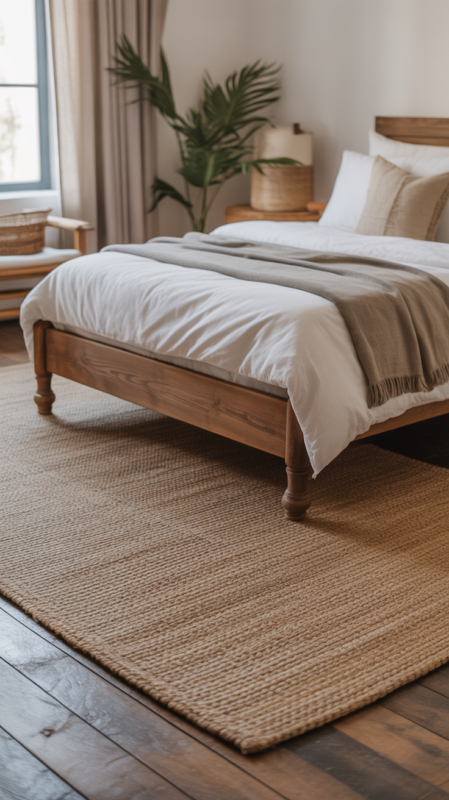 Cozy farmhouse bedroom with wood floors and natural fiber rug creating warm grounded foundation