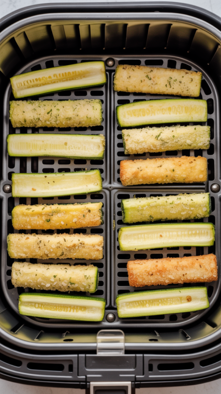 Breaded zucchini fries properly spaced in single layer in air fryer basket