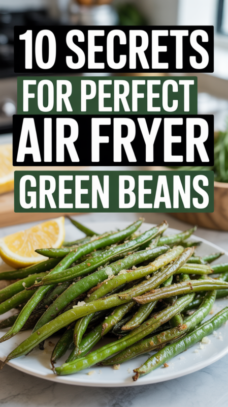 Pinterest pin showing crispy green beans with text overlay 10 secrets for perfect air fryer green beans