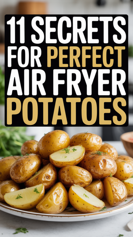 Pinterest pin showing crispy potatoes with text overlay 11 secrets for perfect air fryer potatoes