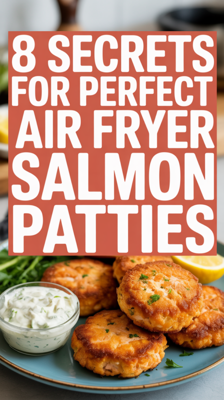 Pinterest pin showing crispy salmon patties with text overlay 8 secrets for perfect air fryer salmon patties
