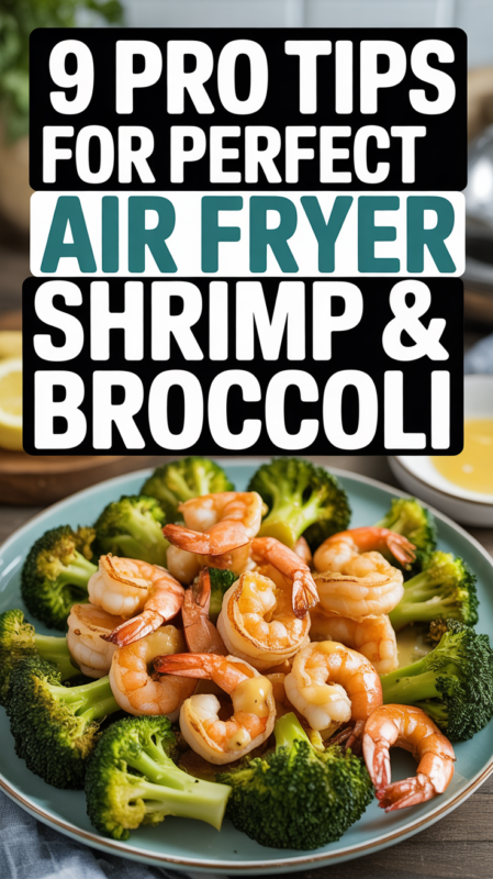Pinterest pin showing crispy shrimp and broccoli with text overlay 9 tips for perfect air fryer shrimp and broccoli