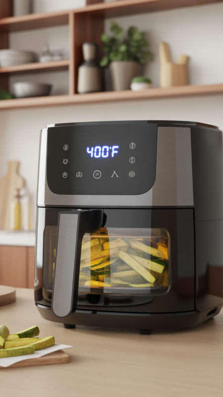 Air fryer digital display showing 400 degrees with golden zucchini fries visible inside