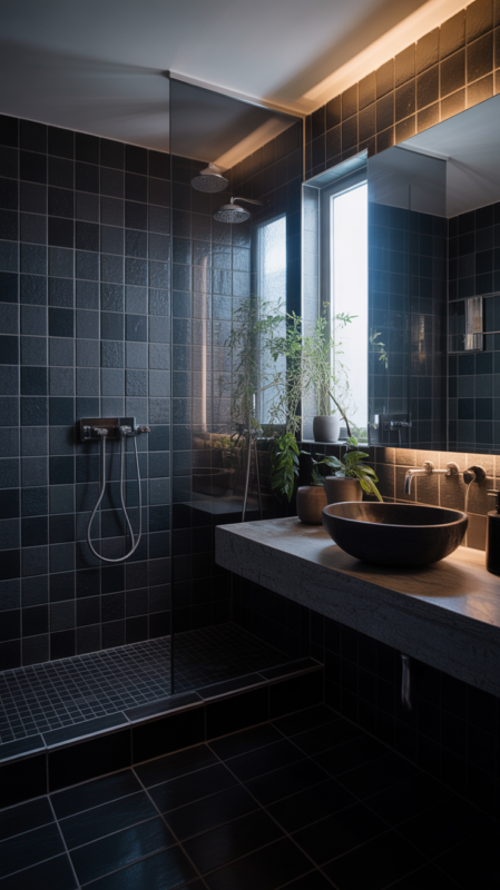 All black bathroom with layered textures and natural light creating dramatic space