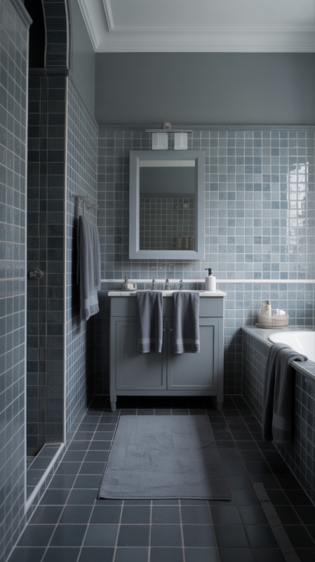 All grey bathroom featuring layered gray tones and textures creating sophisticated design