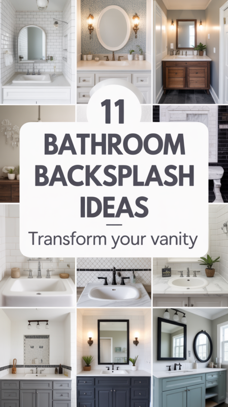 Pinterest pin showing variety of bathroom backsplash tile ideas for vanity areas