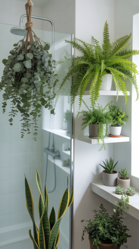 Bathroom with green accents from eucalyptus and potted plants creating natural spa atmosphere