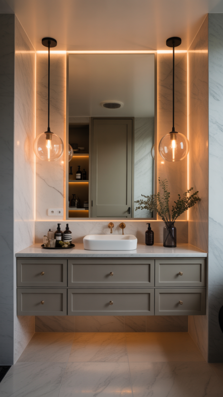 Modern bathroom with pendant lights flanking mirror and elegant chandelier