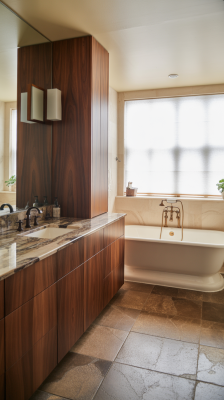 Beautiful brown bathroom featuring luxury materials and premium wood vanity