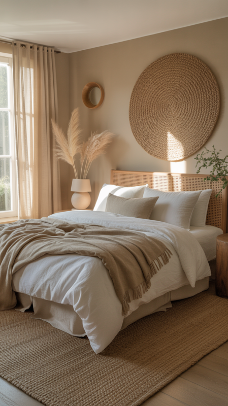 Inviting bedroom with warm beige walls and natural textures