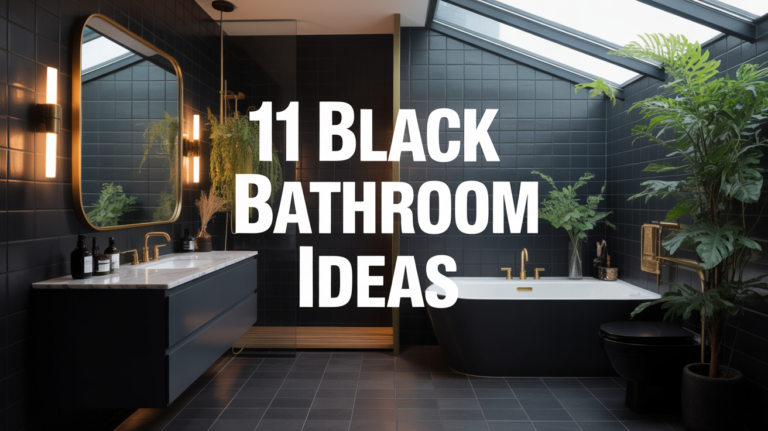 Modern black bathroom ideas featuring matte black tiles and gold fixtures with natural light