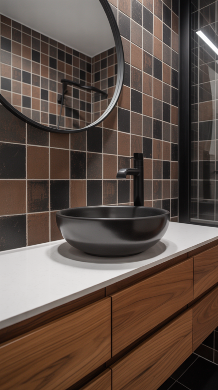 Black and brown bathroom featuring matte black fixtures against wood vanity