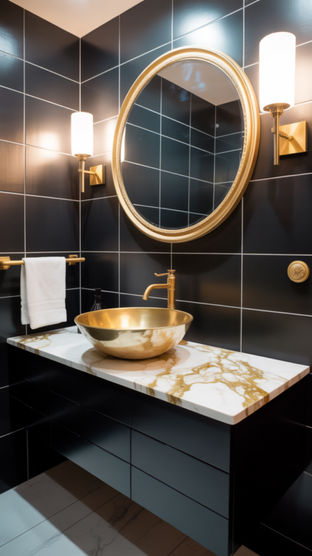 Black and gold bathroom featuring gold fixtures and mirror creating glamorous design