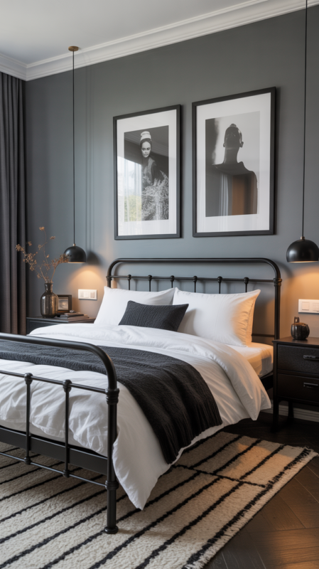 Bold modern bedroom combining black furniture with grey walls