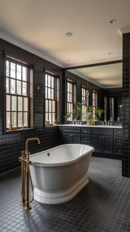 Black master bath featuring freestanding tub and luxury design elements