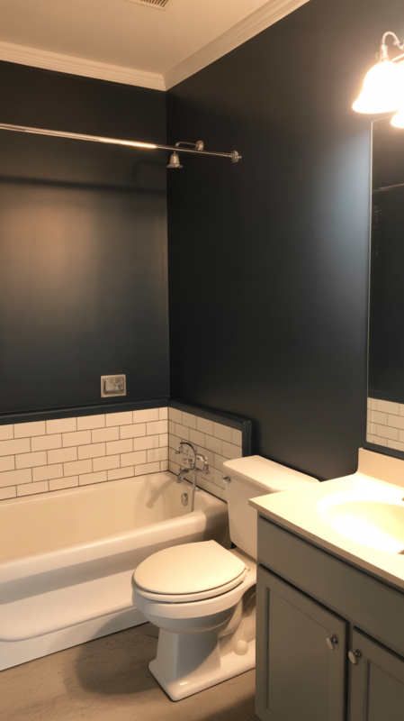 Black painted bathroom showing dramatic transformation with paint alone