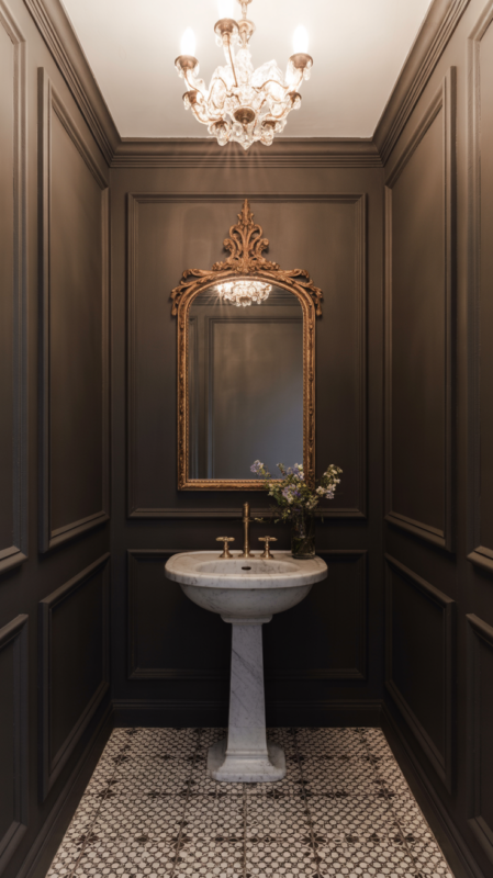 Black powder room with gold mirror and marble sink creating dramatic guest bathroom