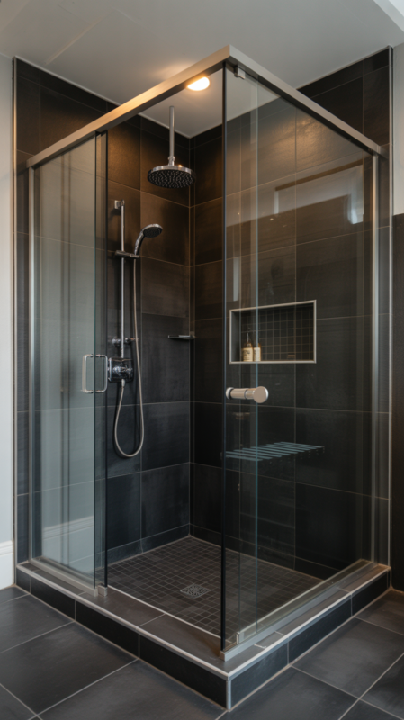 Black shower bathroom with floor-to-ceiling tiles and frameless glass enclosure