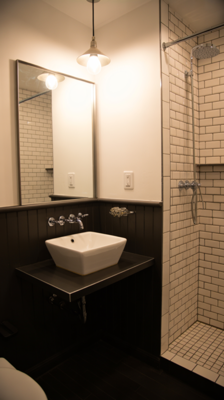Black small bathroom with two-tone walls maximizing space with strategic design