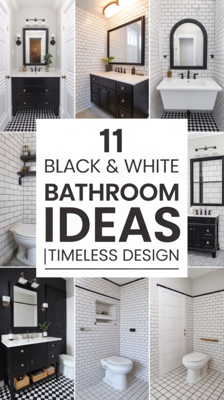 Pinterest pin showcasing variety of black and white bathroom design ideas and styles