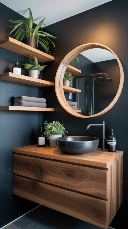 Black and wood bathroom featuring natural wood vanity against black walls