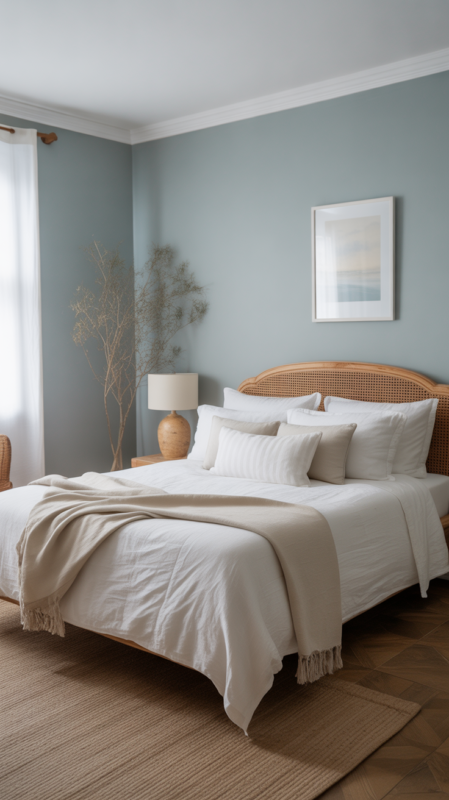 Tranquil bedroom with soft blue-grey walls creating serene balance