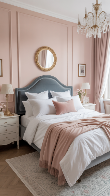 Elegant bedroom with soft blush pink walls and grey accents
