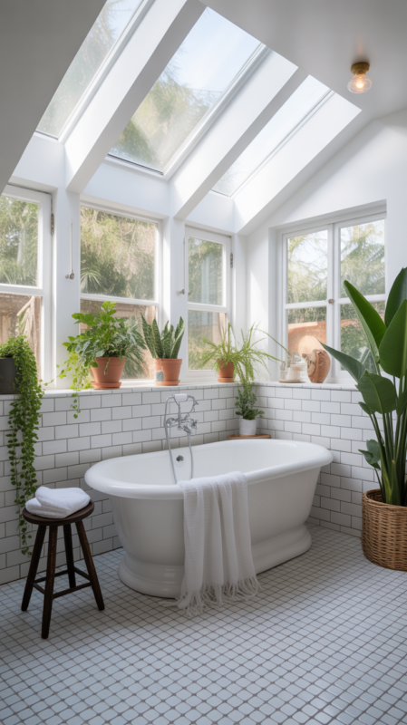 Airy bathroom with skylight and large windows flooding space with natural light