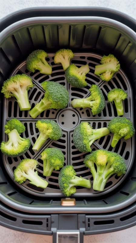 Broccoli florets in air fryer basket during first cooking stage before adding shrimp