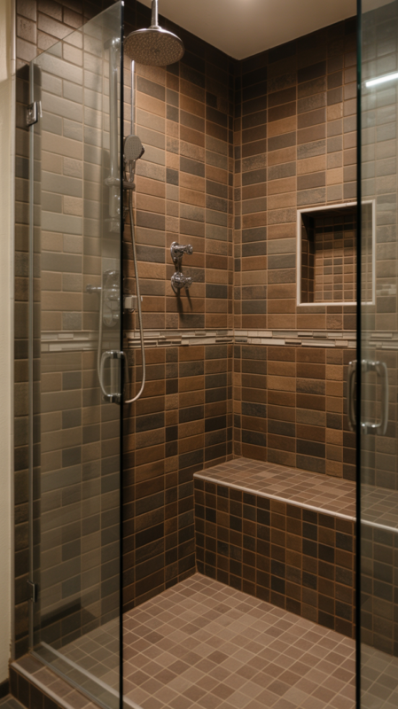 Brown bathroom shower with floor-to-ceiling tiles and built-in bench