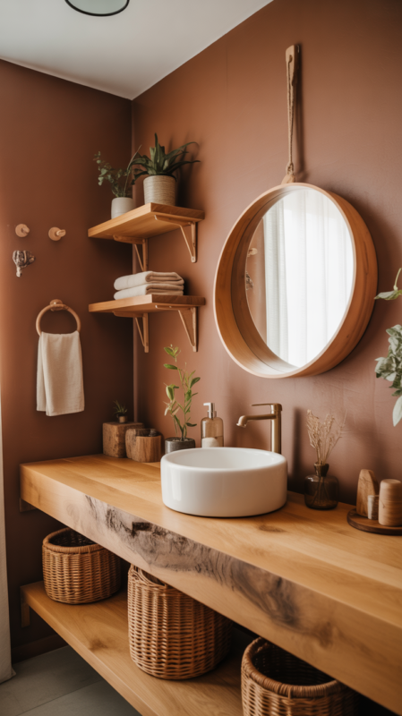 Brown bathroom walls with natural wood vanity and shelving creating earthy design