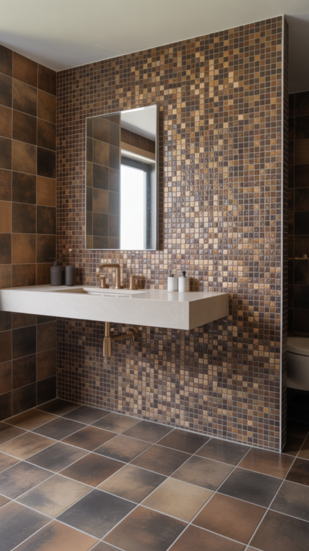 Brown tile bathroom featuring mosaic accent wall and large format floor tiles