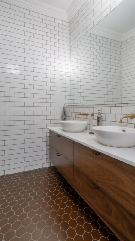 Brown and white bathroom featuring wood vanity and white subway tiles