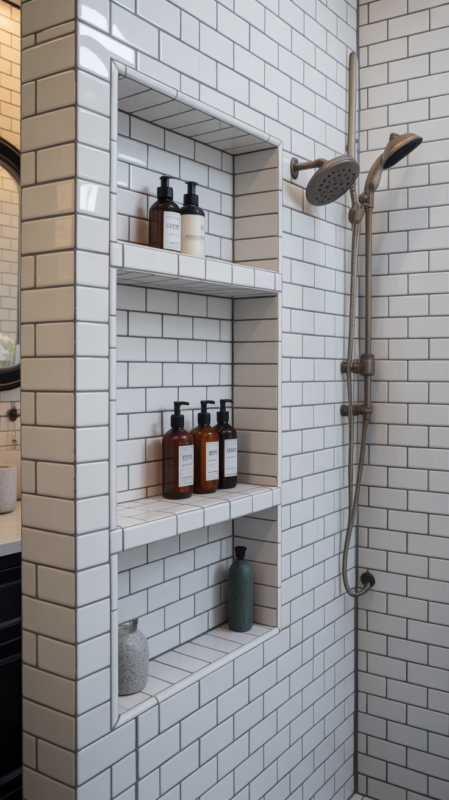 Tiled shower niche built into wall for seamless product storage