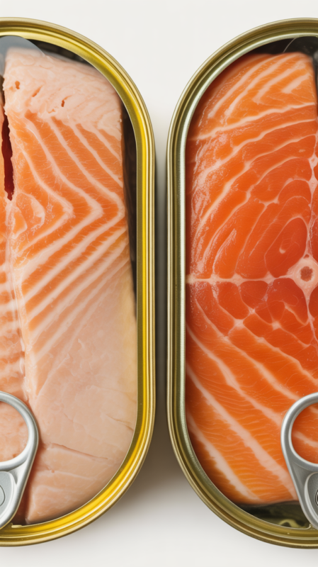 Comparison of pink salmon and sockeye salmon in cans showing color and texture differences