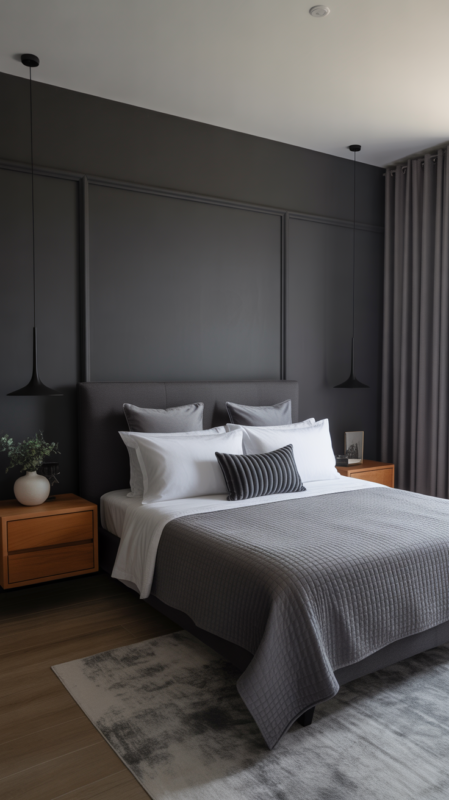 Modern bedroom with dramatic charcoal grey walls and white bedding