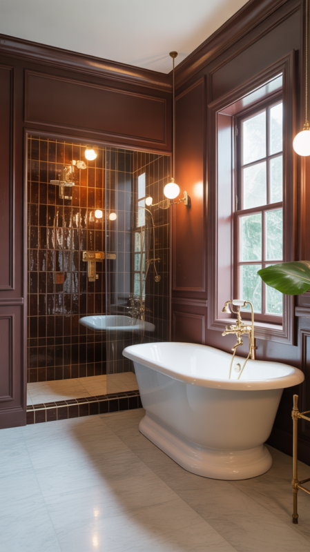Chocolate brown bathroom with white tub and brass fixtures creating luxurious space