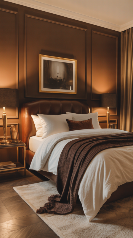 Luxurious bedroom with warm chocolate brown walls and cream bedding