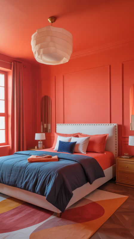 Cheerful bedroom with bold coral walls and navy blue accents
