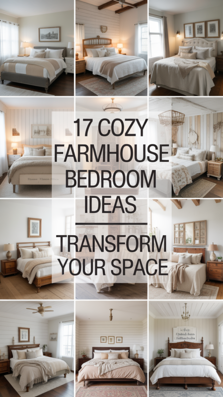 Pinterest pin showcasing variety of cozy farmhouse bedroom ideas and decorating styles