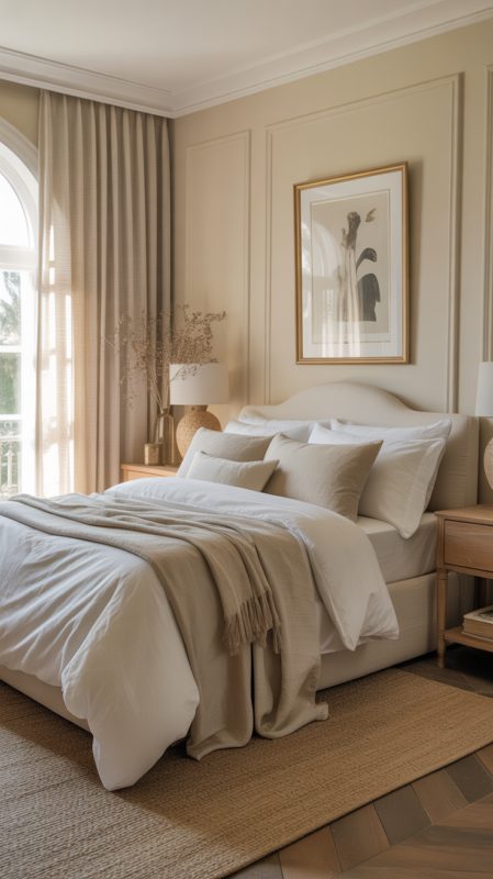 Timeless bedroom with warm cream walls and layered neutral textiles