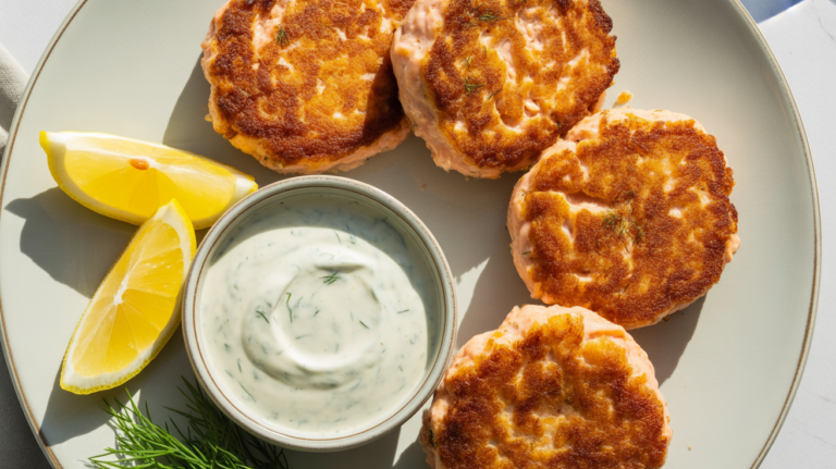 Golden brown crispy air fryer salmon patties on white plate with lemon wedges and tartar sauce