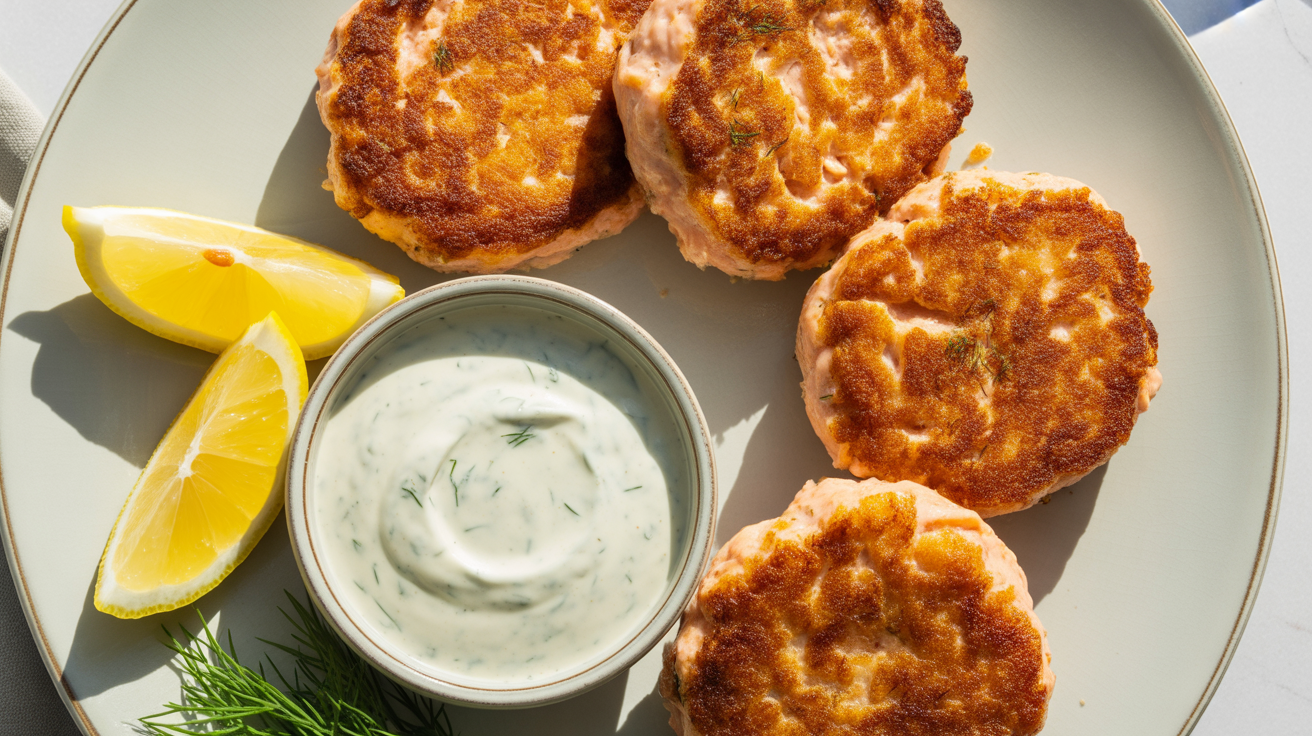 Golden brown crispy air fryer salmon patties on white plate with lemon wedges and tartar sauce