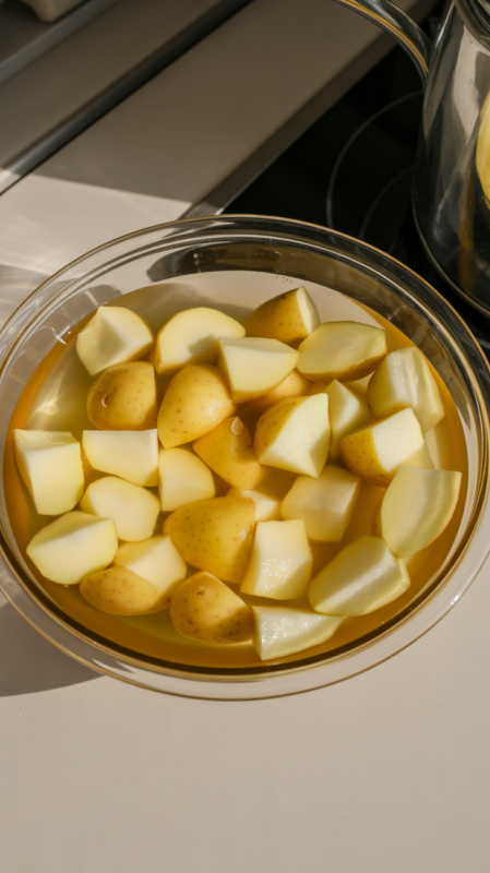 Cut potato cubes soaking in clear bowl of cold water showing starch removal 